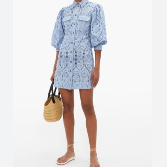 Ganni – Balloon-Sleeve Broderie Anglaise Mini Shirt Dress - Picture 1 of 6